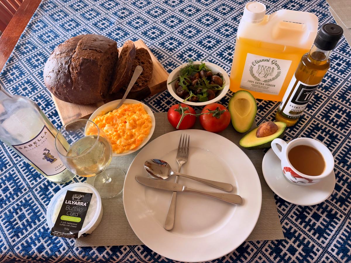 Breakfast of sourdough, eggs and local produce at Sandy Feet Retreat, Second Valley
