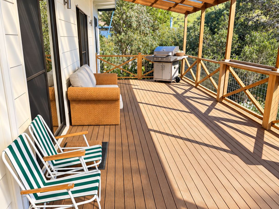Long covered timber deck with barbecue and daybed at Sandy Feet Retreat, Second Valley