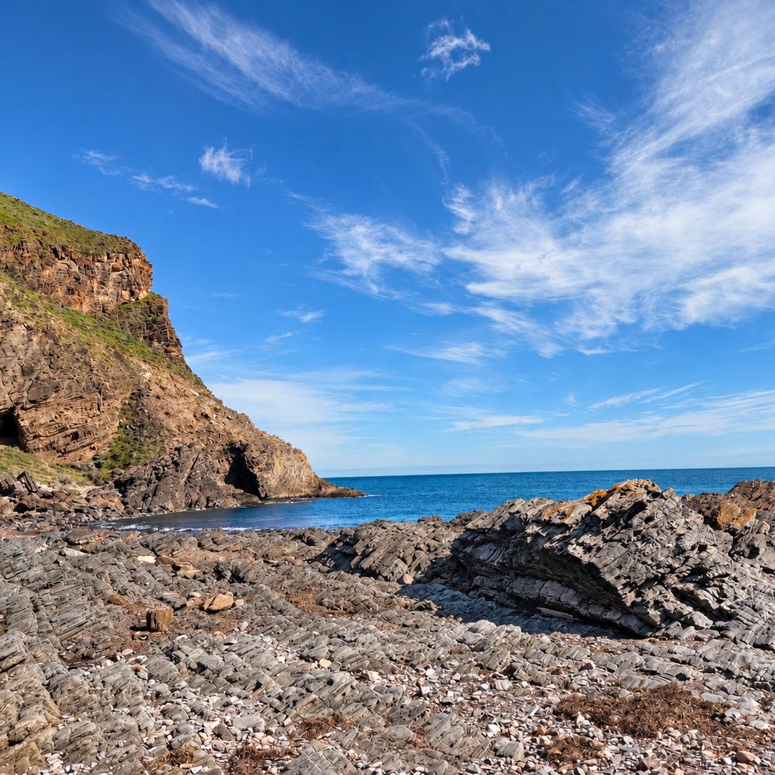 Cliffs and rock shelf around the cove at Second Valley, South Australia