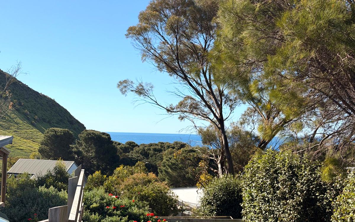 Garden, green hills and the sea at Second Valley